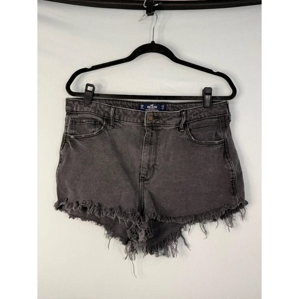 Hollister Ultra High Rise Mom Jean Shorts Womens 17R W33 Black‎ Frayed Raw Hem